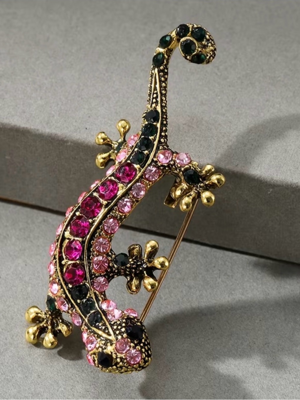 colorful gold-toned metal lizard geico brooch encrusted pink green rhinestones